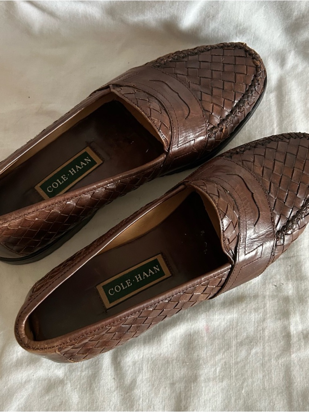 Bragano By COLE HAAN Woven Slip-On Brown Leather Loafers Timeless Size 10.5M - Picture 2 of 9
